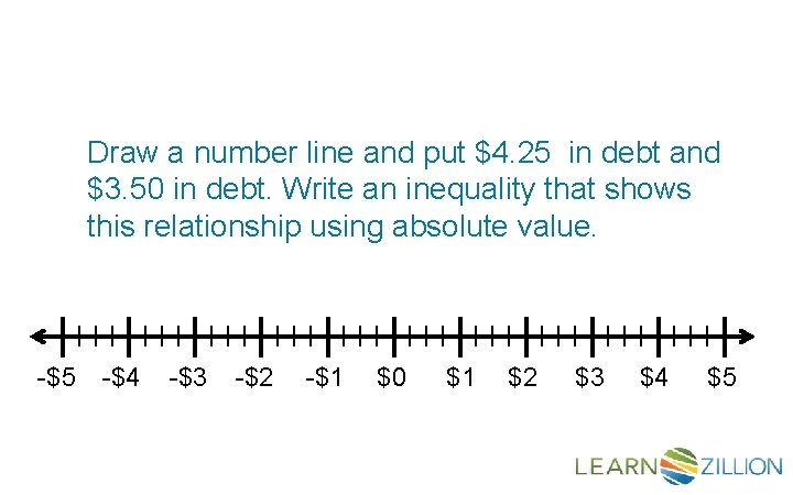 Draw a number line and put $4. 25 in debt and $3. 50 in