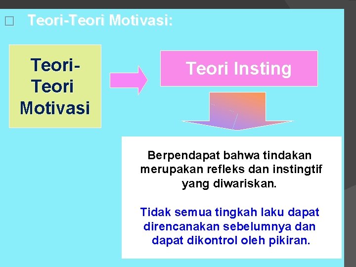 � Teori-Teori Motivasi: Teori Motivasi Teori Insting Berpendapat bahwa tindakan merupakan refleks dan instingtif � Teori-Teori Motivasi: Teori Motivasi Teori Insting Berpendapat bahwa tindakan merupakan refleks dan instingtif