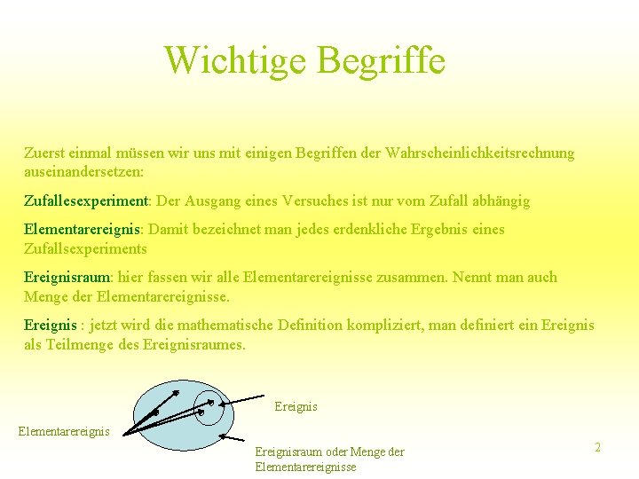 Wichtige Begriffe Zuerst einmal müssen wir uns mit einigen Begriffen der Wahrscheinlichkeitsrechnung auseinandersetzen: Zufallesexperiment: