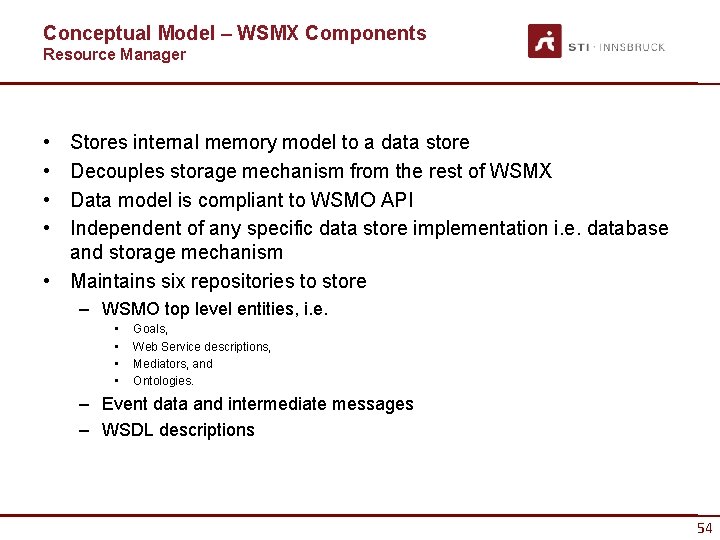Conceptual Model – WSMX Components Resource Manager • • Stores internal memory model to