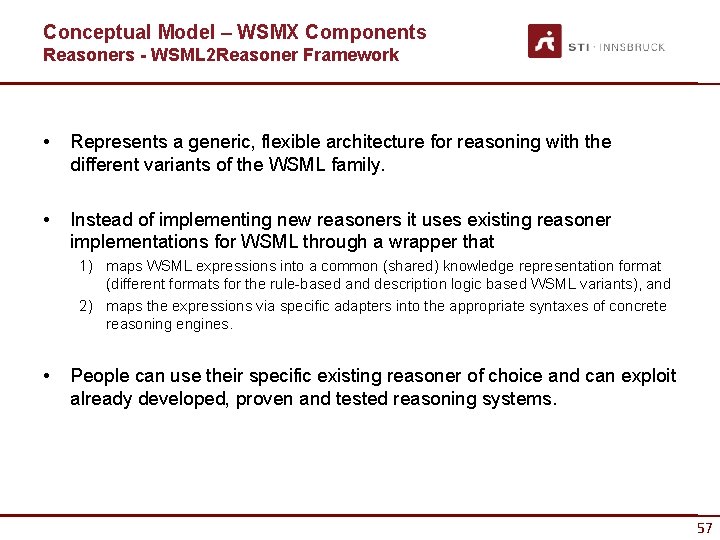 Conceptual Model – WSMX Components Reasoners - WSML 2 Reasoner Framework • Represents a