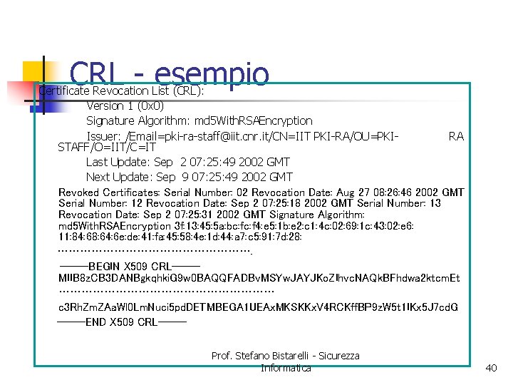 CRL - esempio Certificate Revocation List (CRL): Version 1 (0 x 0) Signature Algorithm: