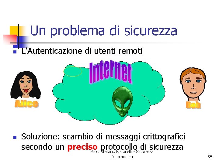 Un problema di sicurezza n n L’Autenticazione di utenti remoti Soluzione: scambio di messaggi
