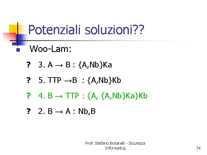 Potenziali soluzioni? ? n Woo-Lam: ? 3. A → B : {A, Nb}Ka ?