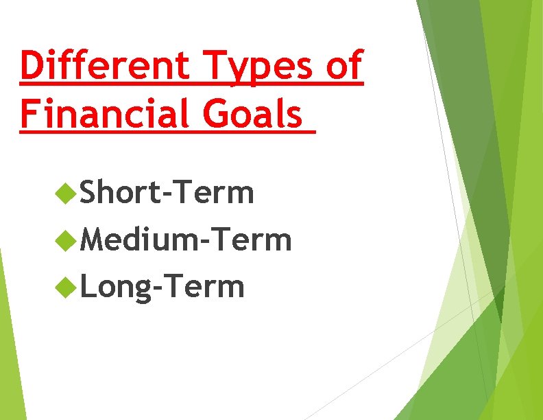 Different Types of Financial Goals Short-Term Medium-Term Long-Term 