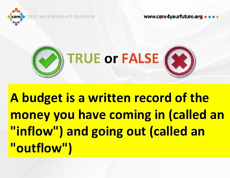 TRUE or FALSE A budget is a written record of the money you have