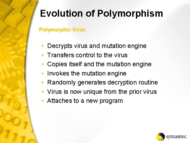 Evolution of Polymorphism Polymorphic Virus • • 10 Decrypts virus and mutation engine Transfers