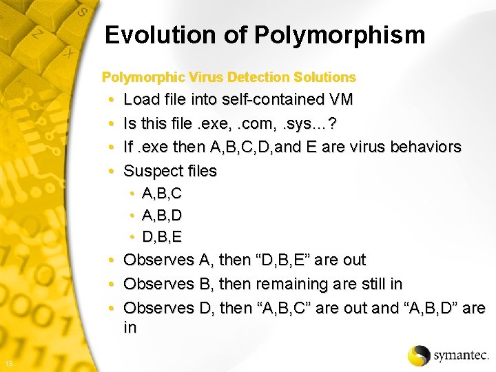 Evolution of Polymorphism Polymorphic Virus Detection Solutions • • Load file into self-contained VM