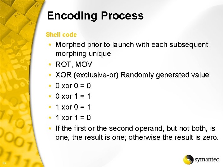 Encoding Process Shell code • Morphed prior to launch with each subsequent morphing unique