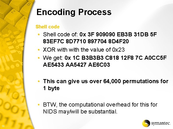 Encoding Process Shell code • Shell code of: 0 x 3 F 909090 EB