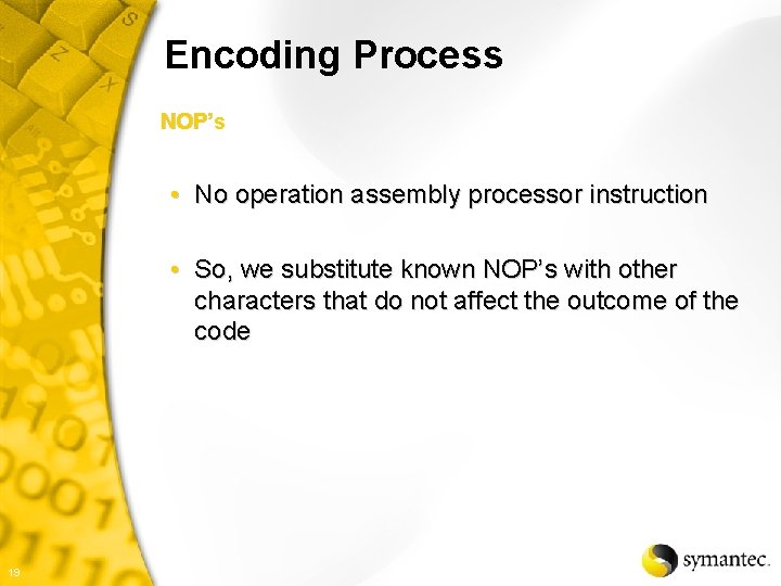 Encoding Process NOP’s • No operation assembly processor instruction • So, we substitute known