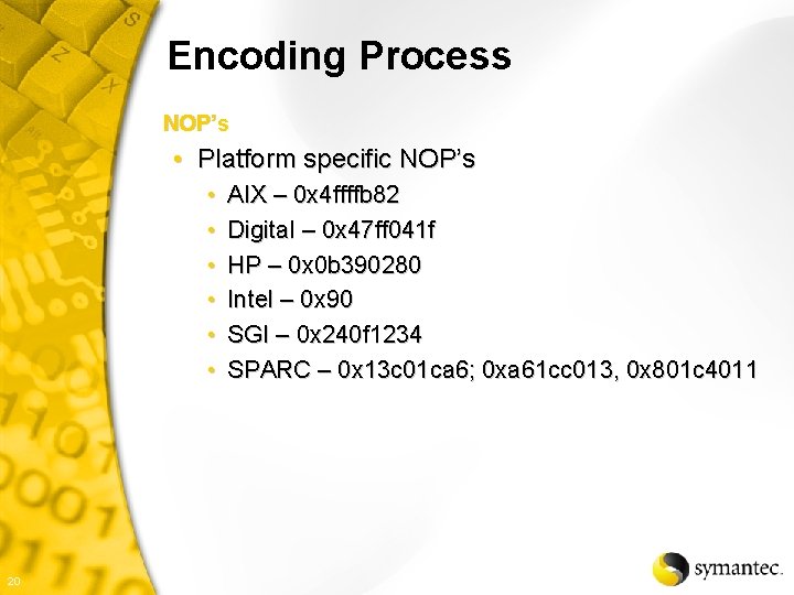 Encoding Process NOP’s • Platform specific NOP’s • • • 20 AIX – 0