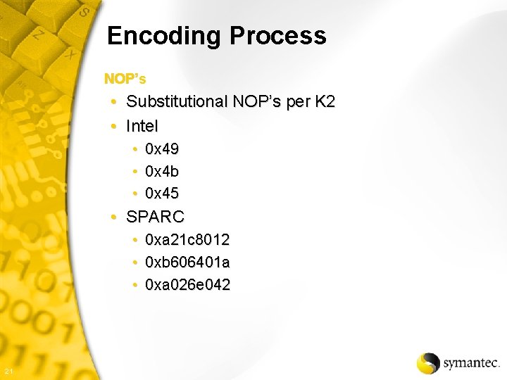 Encoding Process NOP’s • Substitutional NOP’s per K 2 • Intel • 0 x