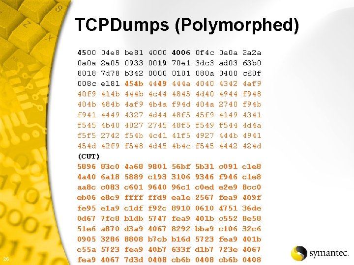 TCPDumps (Polymorphed) 26 4500 04 e 8 0 a 0 a 2 a 05