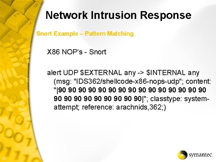 Network Intrusion Response Snort Example – Pattern Matching X 86 NOP’s - Snort alert