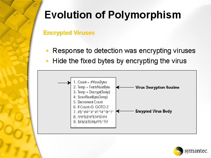 Evolution of Polymorphism Encrypted Viruses • Response to detection was encrypting viruses • Hide