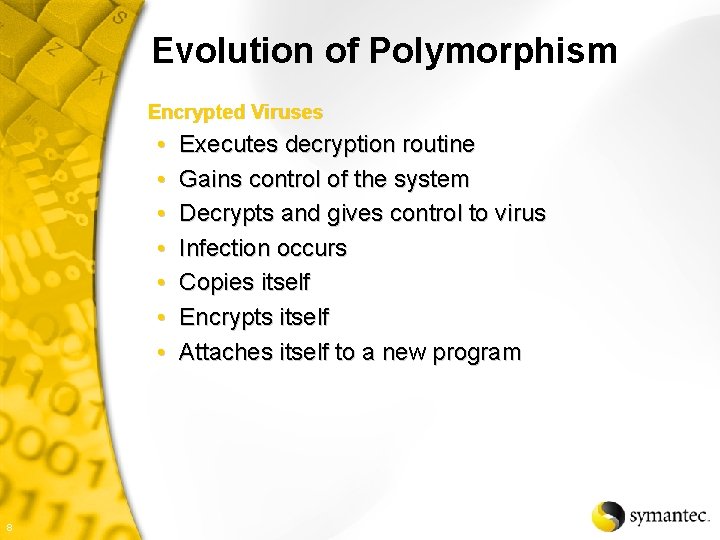 Evolution of Polymorphism Encrypted Viruses • • 8 Executes decryption routine Gains control of