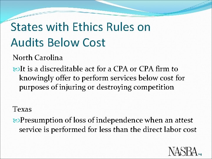 States with Ethics Rules on Audits Below Cost North Carolina It is a discreditable