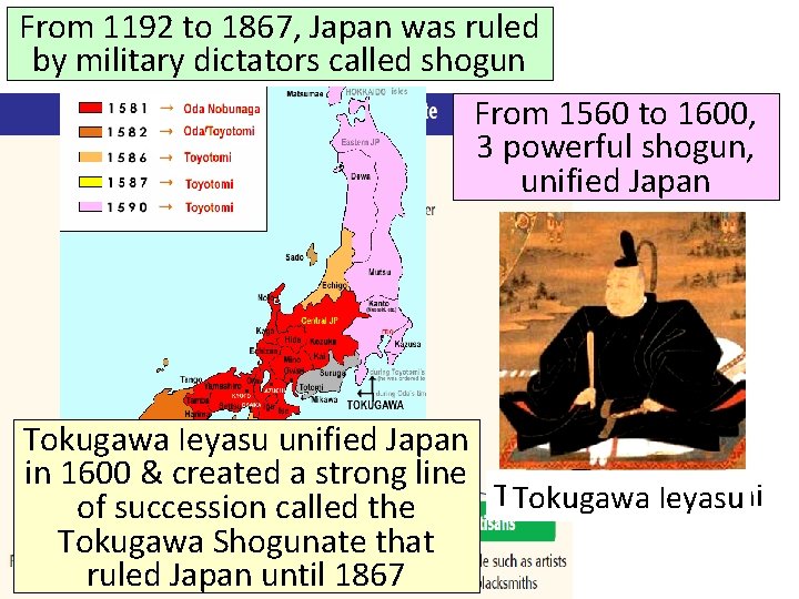 From 1192 to 1867, Japan was ruled by military dictators called shogun From 1560