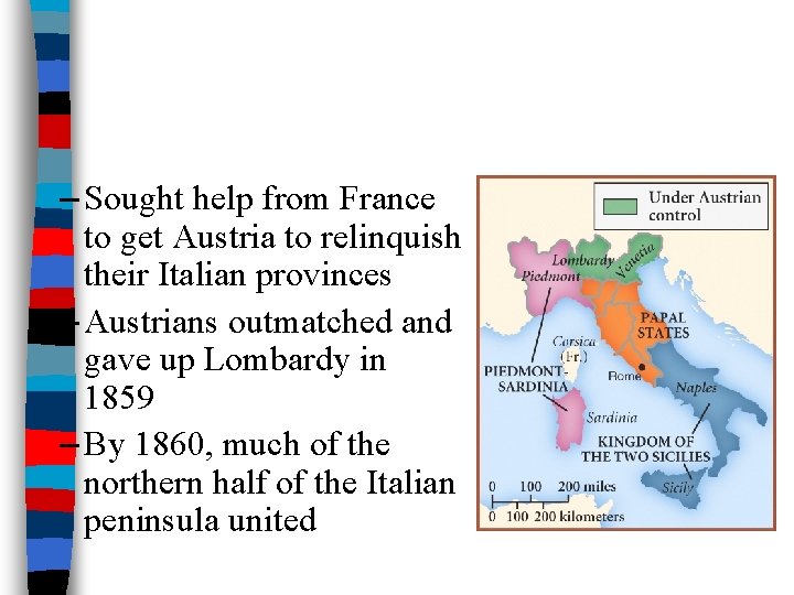 – Sought help from France to get Austria to relinquish their Italian provinces –