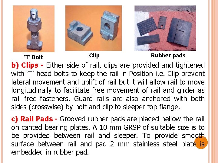 ‘T’ Bolt Clip Rubber pads b) Clips - Either side of rail, clips are