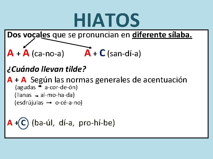 HIATOS Dos vocales que se pronuncian en diferente sílaba. A + A (ca-no-a) A