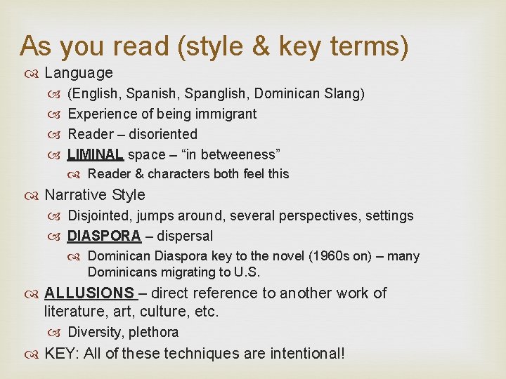 As you read (style & key terms) Language (English, Spanglish, Dominican Slang) Experience of