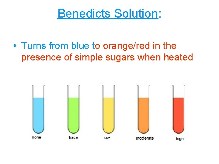 Benedicts Solution: • Turns from blue to orange/red in the presence of simple sugars