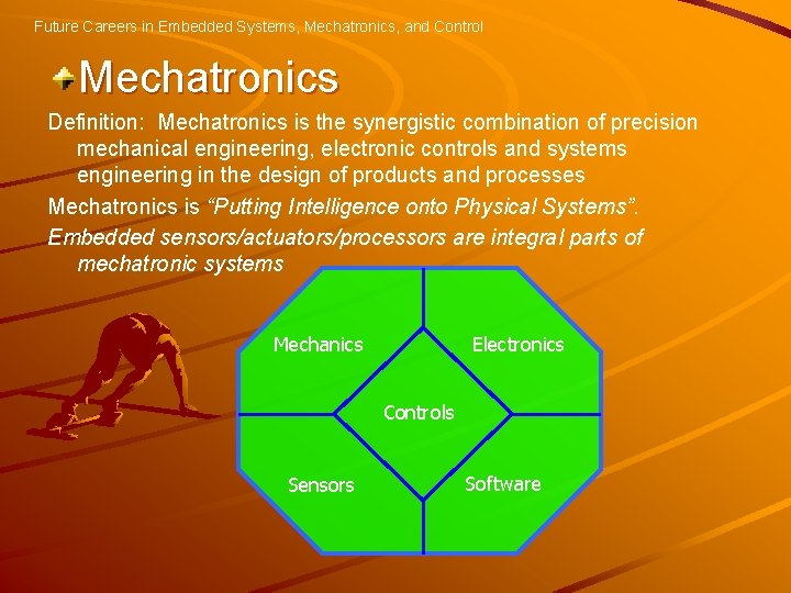 Future Careers in Embedded Systems, Mechatronics, and Control Mechatronics Definition: Mechatronics is the synergistic