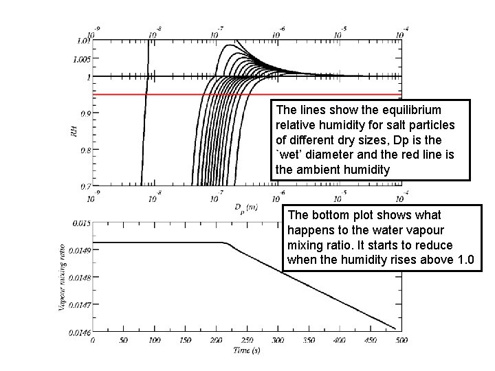 The lines show the equilibrium relative humidity for salt particles of different dry sizes,