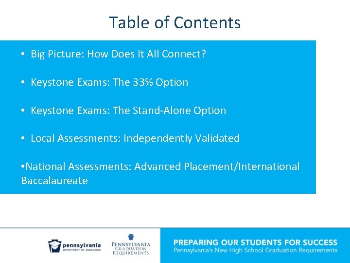 Table of Contents • Big Picture: How Does It All Connect? • Keystone Exams: