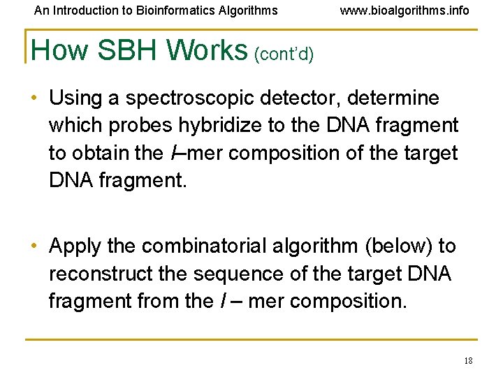 An Introduction to Bioinformatics Algorithms www. bioalgorithms. info How SBH Works (cont’d) • Using