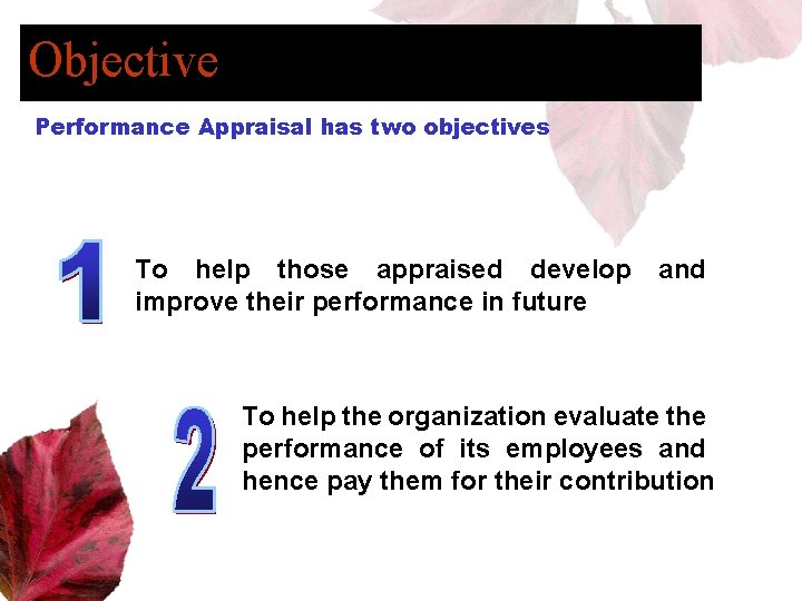 Objective Performance Appraisal has two objectives To help those appraised develop improve their performance