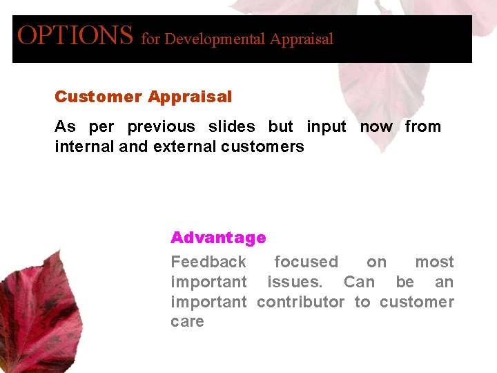OPTIONS for Developmental Appraisal Customer Appraisal As per previous slides but input now from