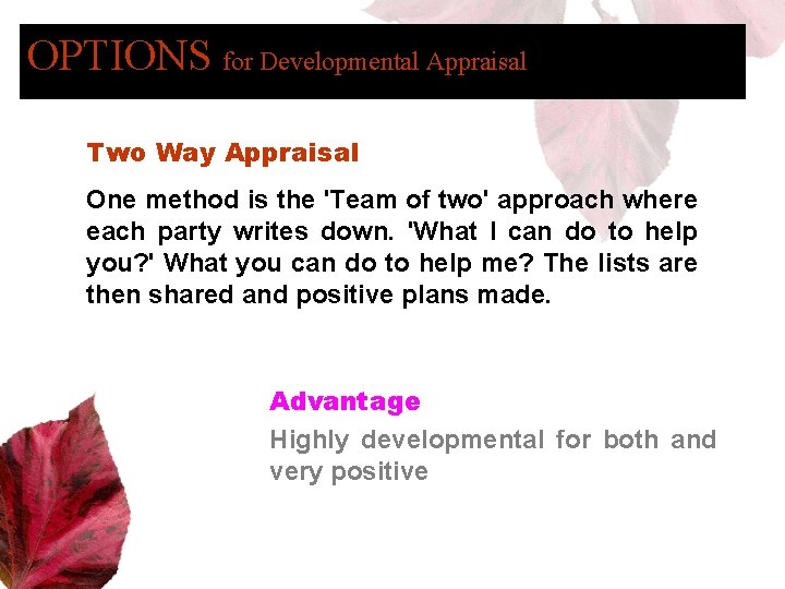 OPTIONS for Developmental Appraisal Two Way Appraisal One method is the 'Team of two'