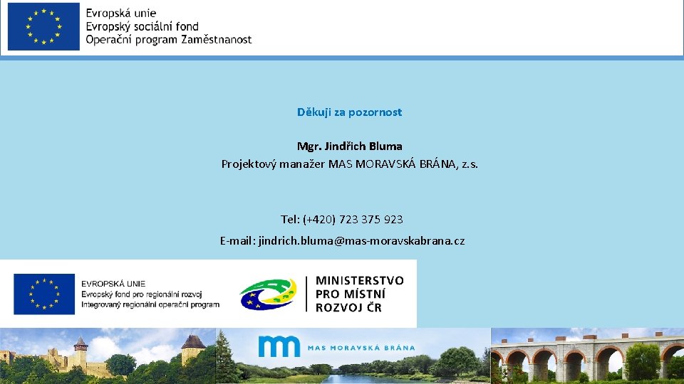 Děkuji za pozornost Mgr. Jindřich Bluma Projektový manažer MAS MORAVSKÁ BRÁNA, z. s. Tel: