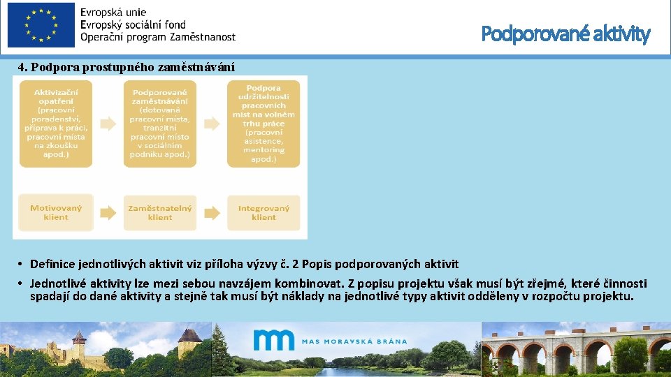 Podporované aktivity 4. Podpora prostupného zaměstnávání • Definice jednotlivých aktivit viz příloha výzvy č.