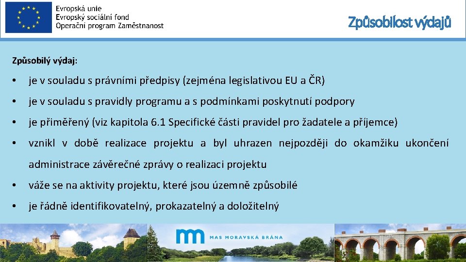 Způsobilost výdajů Způsobilý výdaj: • je v souladu s právními předpisy (zejména legislativou EU