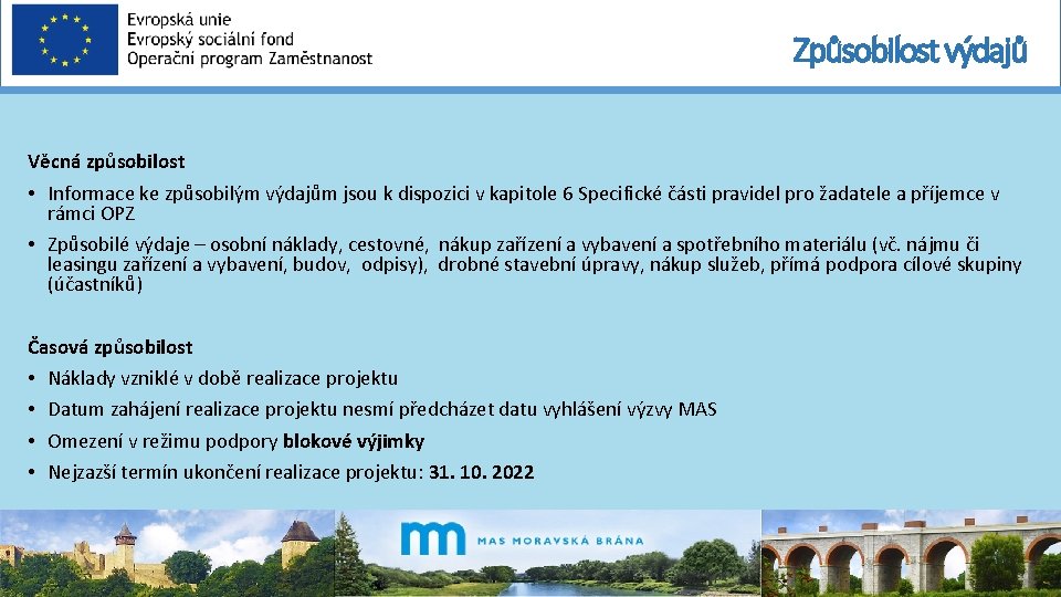 Způsobilost výdajů Věcná způsobilost • Informace ke způsobilým výdajům jsou k dispozici v kapitole