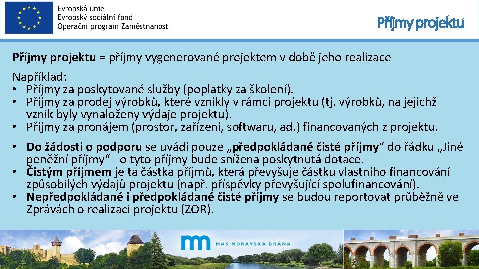 Příjmy projektu = příjmy vygenerované projektem v době jeho realizace Například: • Příjmy za