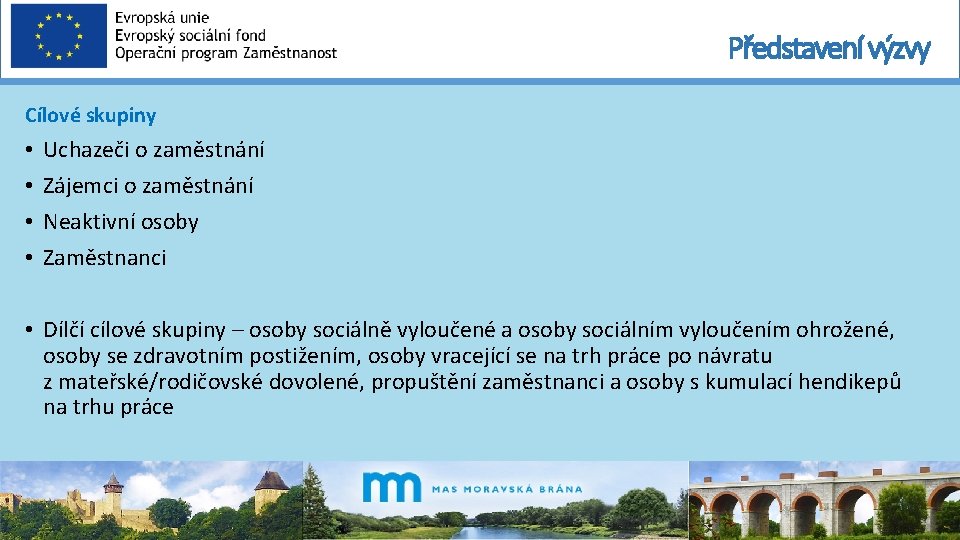 Představení výzvy Cílové skupiny • • Uchazeči o zaměstnání Zájemci o zaměstnání Neaktivní osoby