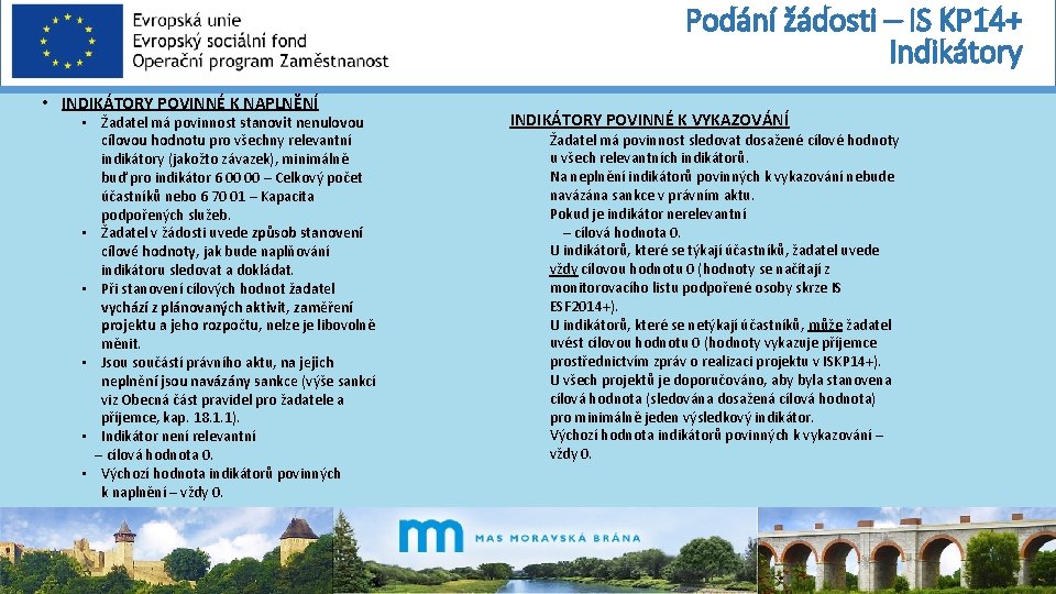 Podání žádosti – IS KP 14+ Indikátory • INDIKÁTORY POVINNÉ K NAPLNĚNÍ • Žadatel