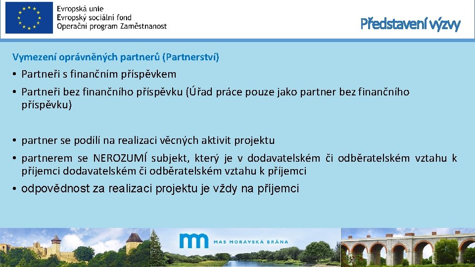 Představení výzvy Vymezení oprávněných partnerů (Partnerství) • Partneři s finančním příspěvkem • Partneři bez