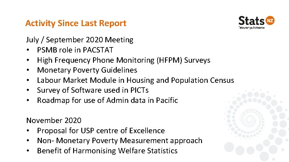 Activity Since Last Report July / September 2020 Meeting • PSMB role in PACSTAT