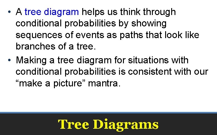  • A tree diagram helps us think through conditional probabilities by showing sequences