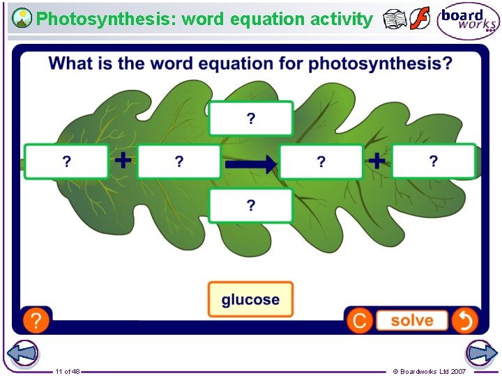 Photosynthesis: word equation activity 11 of 48 © Boardworks Ltd 2007 