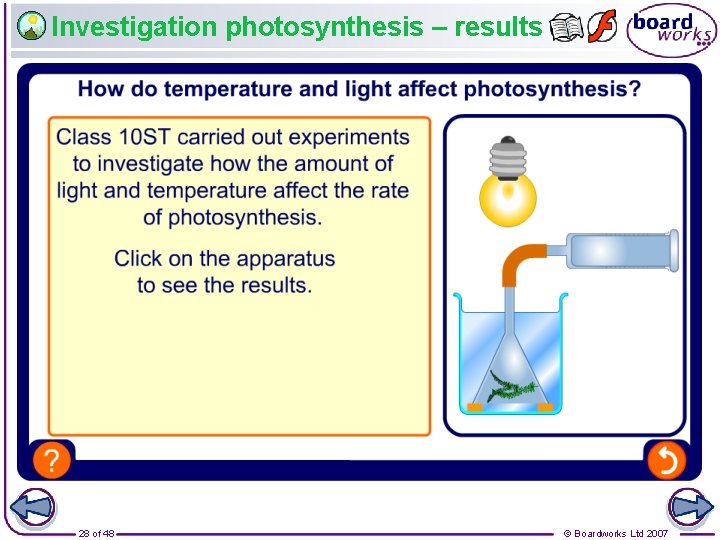 Investigation photosynthesis – results 28 of 48 © Boardworks Ltd 2007 