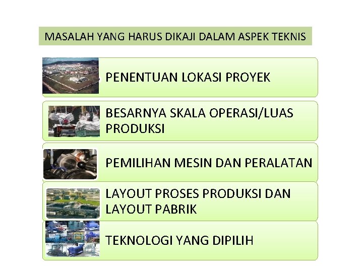 MASALAH YANG HARUS DIKAJI DALAM ASPEK TEKNIS PENENTUAN LOKASI PROYEK BESARNYA SKALA OPERASI/LUAS PRODUKSI