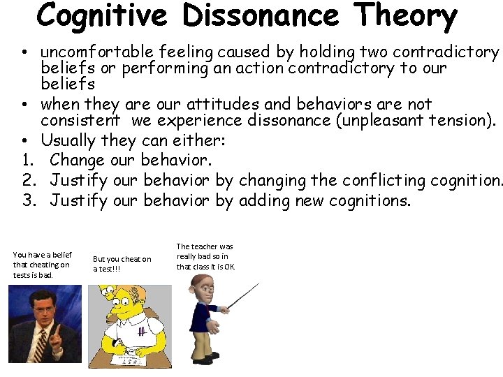 Cognitive Dissonance Theory • uncomfortable feeling caused by holding two contradictory beliefs or performing