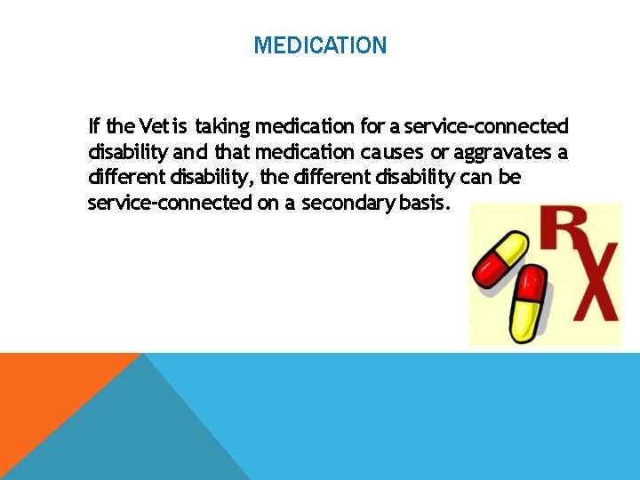 MEDICATION If the Vet is taking medication for a service-connected disability and that medication